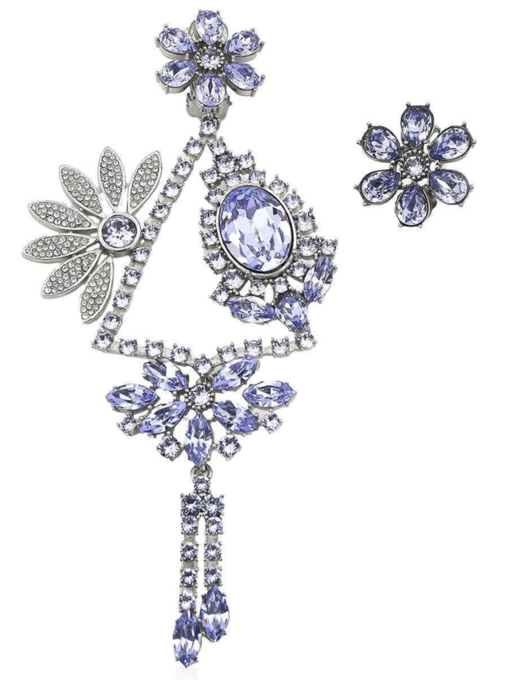 Burberry Purple Crystal Daisy Flower Mismatch Chandelier Drop Stud Earrings